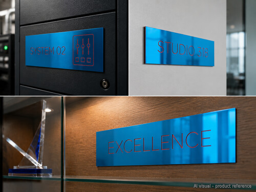Mirror blue red engraving plastic for equipment office and recognition signs
