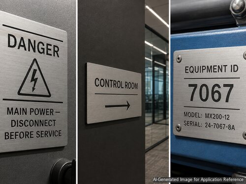 Brushed silver black laminate for elevator data center and industrial identification plates