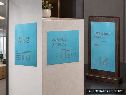 Brushed aqua red core laminate for office display and award identification plates