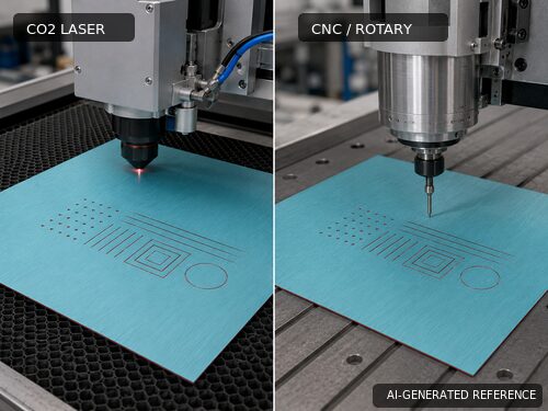 LYS-8877 brushed aqua red core laminate processed by CO2 laser and CNC rotary machines