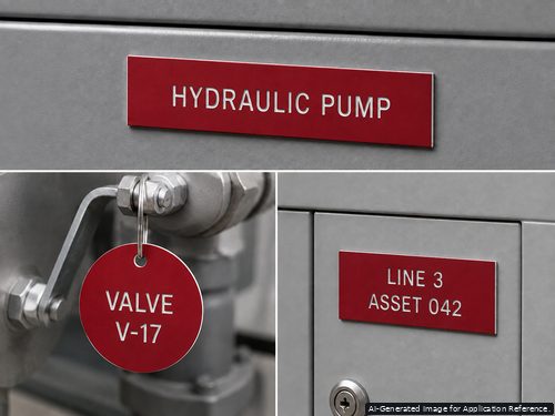 Red white rotary engraved machine plates valve tags and asset labels