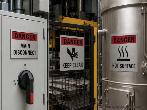Brushed silver red black multi-ply acrylic for industrial danger signs and critical equipment labels
