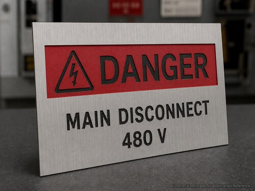LYS-SBR077 laserable multi-ply acrylic danger sign with brushed silver red and black layers