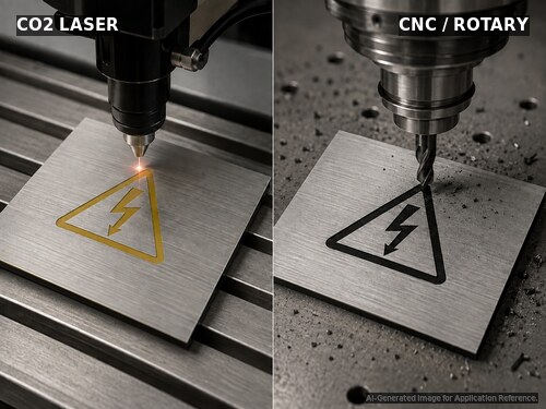 LYS-SBY095 CO2 laser acrylic and CNC rotary ABS electrical label processing configurations
