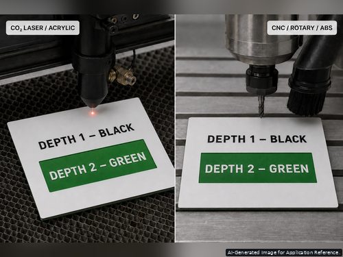 LYS-WGB027 CO2 laser acrylic and CNC rotary ABS processing with black and green reveal depths
