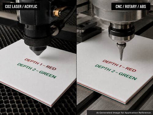 LYS-WGR025 CO2 laser acrylic and CNC rotary ABS processing with red and green engraving depths
