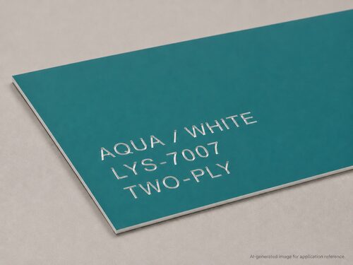 LYS-7007 aqua white engraving plastic sheet with smooth matte aqua face thin white core and recessed white engraving