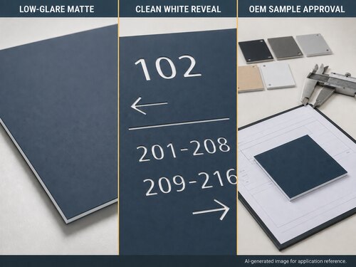 Slate blue two-tone sign material showing low-glare matte surface clean white reveal and OEM sample approval