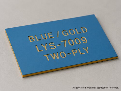 LYS-7009 blue gold two-ply plastic laminate with thin matte blue face continuous gold core and recessed gold engraving