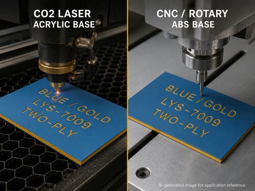 LYS-7009 separate CO2 laser acrylic and CNC rotary ABS blue gold laminate configurations