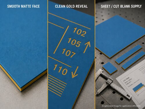 Blue gold two-ply plastic laminate showing smooth matte face clean gold reveal and sheet or cut blank supply