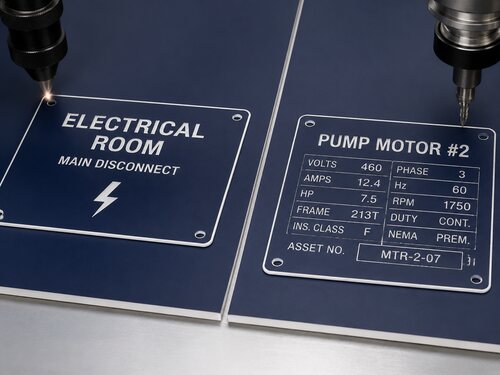 LYS-7010 separate CO2 laser acrylic and CNC rotary ABS electrical label stock processing configurations