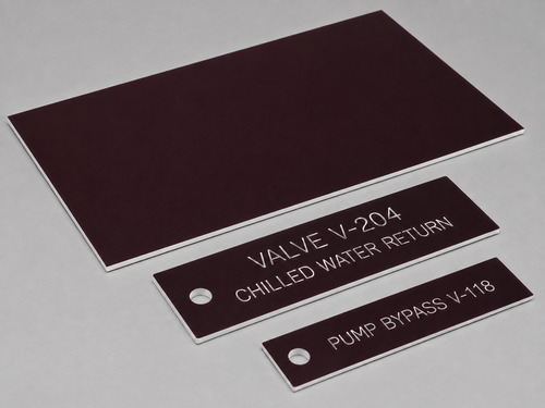 LYS-7013 valve tag engraving laminate with thin matte burgundy face continuous white core and recessed valve identification