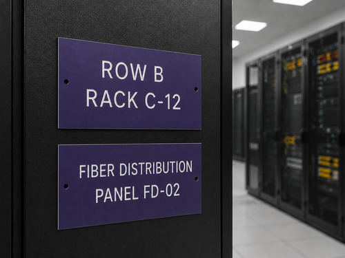 LYS-7015 engraved row rack and fiber distribution identification laminate plates installed on a data center network cabinet