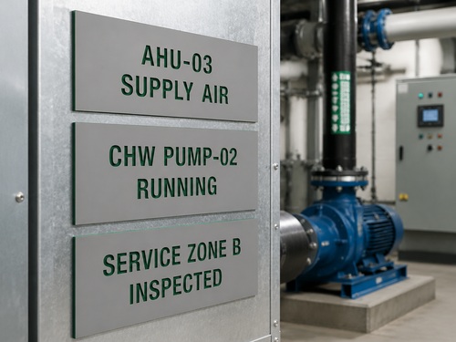 LYS-7016 gray green-core engraved HVAC pump room and service zone identification plates installed in a mechanical room