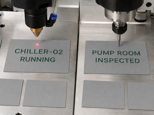 LYS-7016 acrylic laser chiller label and ABS CNC rotary pump room plate with gray green-core laminate workpieces as the main subject