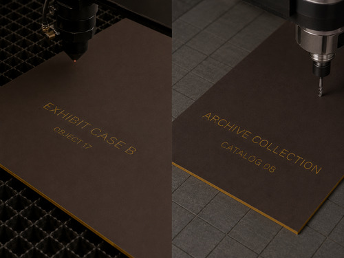 LYS-7017 acrylic laser exhibit label and ABS CNC rotary gallery plate with brown gold laminate workpieces as the main subject