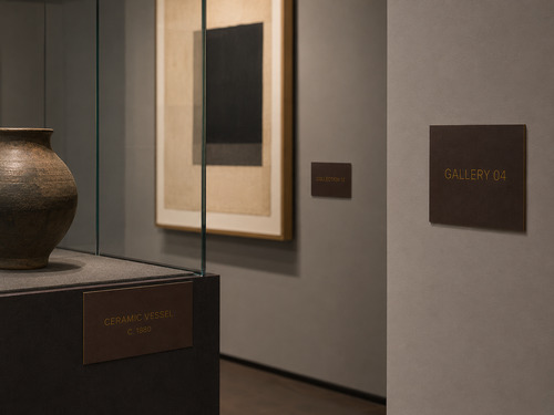 LYS-7017 brown gold engraved exhibit labels installed on a museum display case and gallery wall