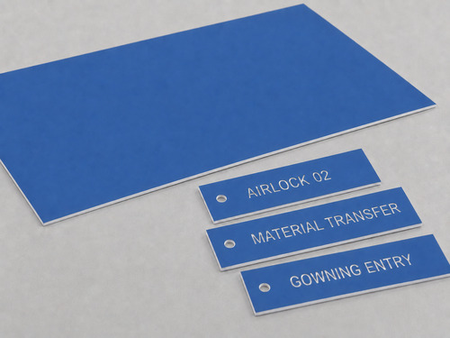 LYS-7018 controlled area identification engraving laminate with thin matte blue face continuous white core and slightly recessed white wording