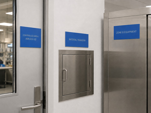 LYS-7018 blue white engraved controlled area airlock material transfer and equipment identification signs