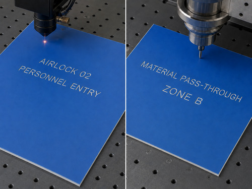 LYS-7018 acrylic laser and ABS CNC rotary blue white laminate workpieces with visible shallow recessed engraving
