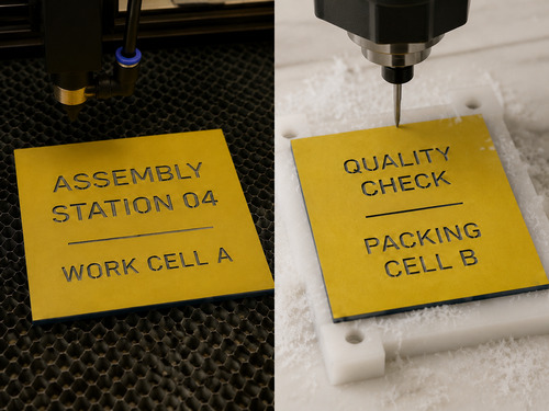 LYS-7019 acrylic laser and ABS CNC rotary yellow navy laminate workpieces with visible shallow recessed engraving