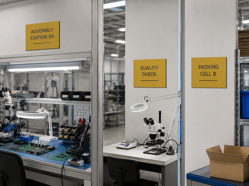 LYS-7019 yellow navy engraved assembly station quality check and packing cell identification signs