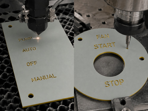 LYS-7022 acrylic laser and ABS CNC rotary legend plate workpieces with thin gold core and shallow recessed engraving