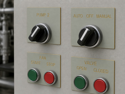 LYS-7022 sage-gray gold-core selector switch push button and indicator light legend plates on an operator panel