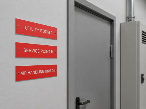 LYS-7023 red white engraved utility room service point and air handling unit facility identification labels