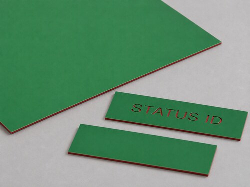 LYS-7025 matte green red core engravable plastic sheet with thin green cap and shallow recessed red status ID engraving
