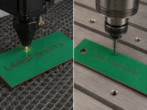LYS-7025 green red acrylic laser and ABS CNC rotary samples with recessed red engraving and red core hole walls