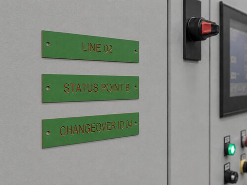 LYS-7025 green red engraved machine status production line and changeover identification plates on industrial equipment