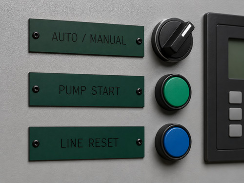 LYS-7027 dark green black engraved selector switch pushbutton and operator panel legend plates on industrial control equipment