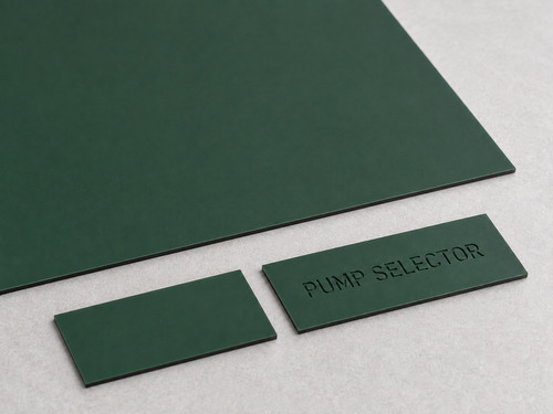 LYS-7027 matte dark green black core two-ply legend plate material with hairline green cap and shallow recessed black panel legend