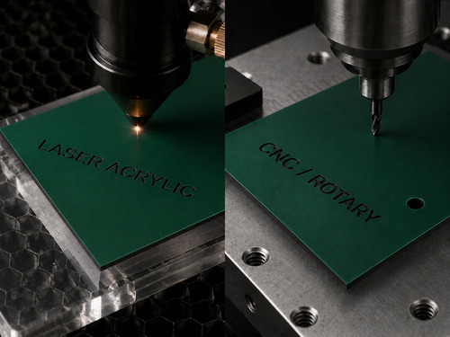 LYS-7027 dark green black acrylic laser and ABS CNC rotary legend samples with recessed black engraving and black core hole walls