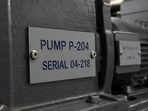 LYS-7031 gray navy engraved pump and motor equipment data plates mounted in an industrial service area