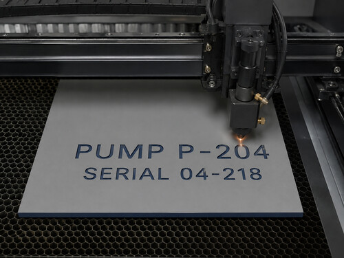 LYS-7031 gray navy equipment data plates being laser engraved and CNC routed at realistic close working angles