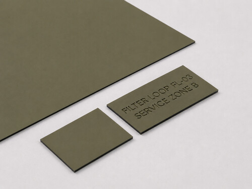 LYS-7033 matte olive gray green black core plastic identification plate stock with shallow recessed plant room wording