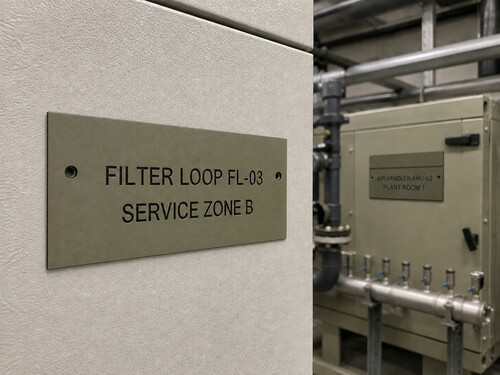 LYS-7033 olive black engraved filter loop and air handler identification plates installed in an industrial plant room
