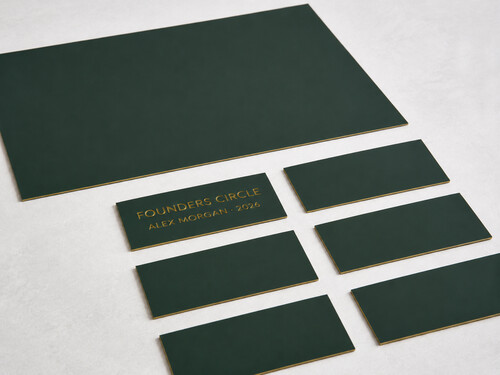 LYS-7037 dark forest green muted gold core cut-to-size engraving blanks with shallow recessed donor recognition wording