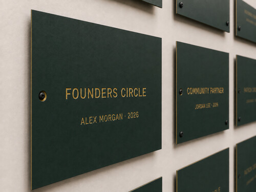 LYS-7037 dark green muted gold engraved donor and sponsor recognition plates installed as a coordinated institutional wall