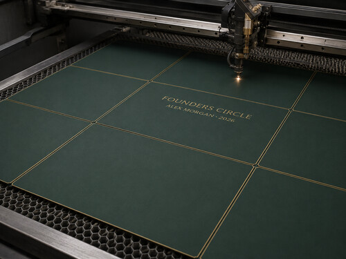 LYS-7037 thin dark green gold recognition blanks being processed on a realistic large CO2 laser honeycomb table