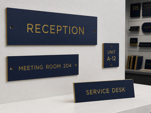 LYS-7038 thin navy gold engraved reception room service desk and equipment plates for custom sign fabrication