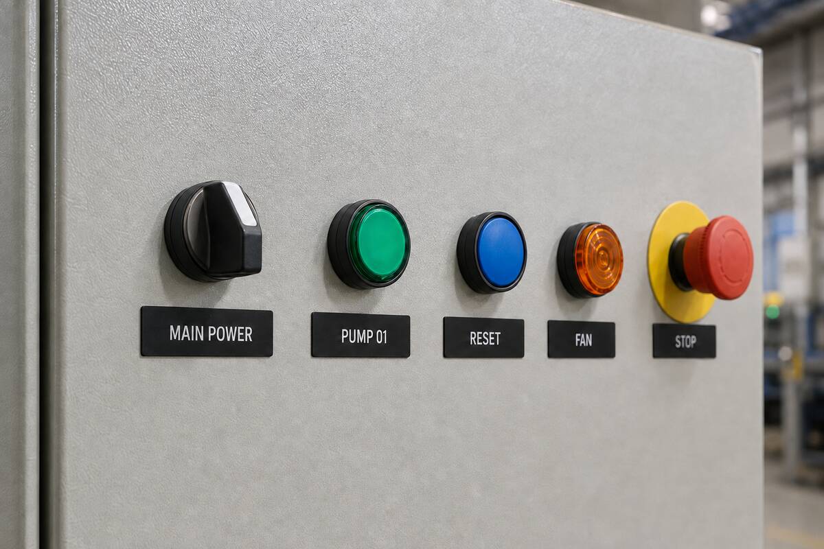 Application reference showing adhesive-backed black and white engraving plastic labels installed on an industrial control panel