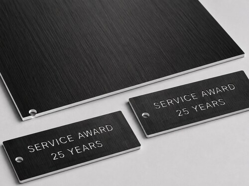 LYS-8272 thin brushed black metallic finish engraving laminate with white core and shallow recessed award insert engraving