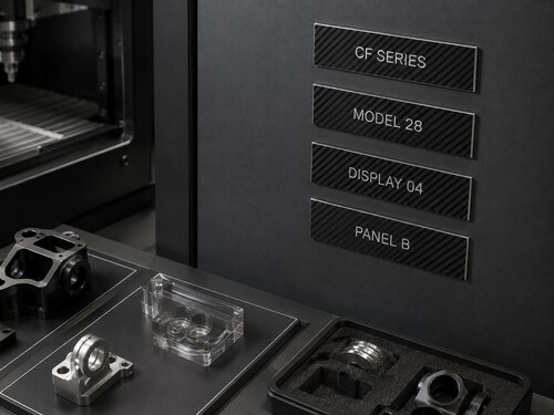 LYS-8281 thin carbon fiber effect engraved plastic inserts used for premium product presentation and model identification panels