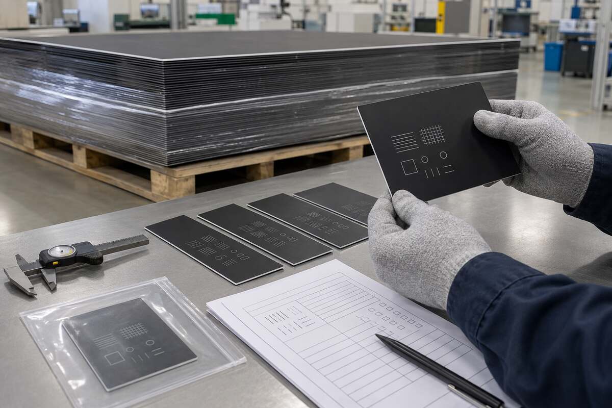 Inspection workflow reference for comparing sampled ABS engraving sheets with a retained approved sample