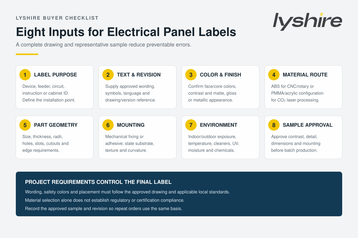 LYSHIRE eight-item specification checklist for electrical panel engraving labels