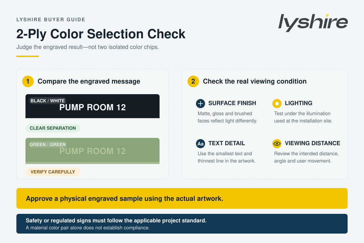 LYSHIRE guide to checking face and core color contrast, finish, lighting, text size and viewing distance for 2-ply engraving plastic